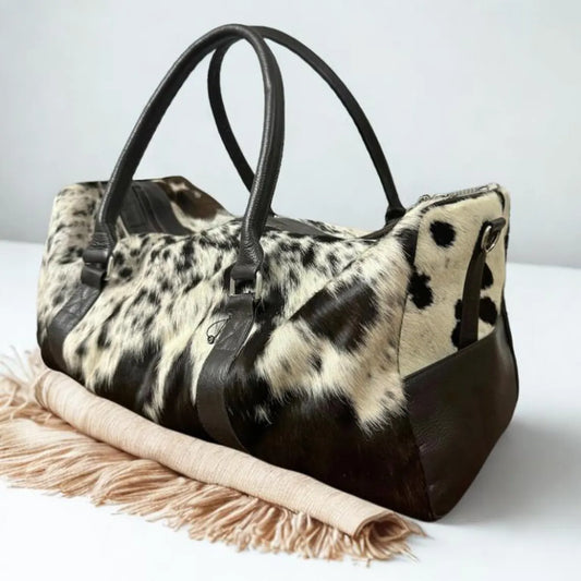 Handmade Hair-On Cowhide Duffle Bag: Leather Weekender Travel Bag