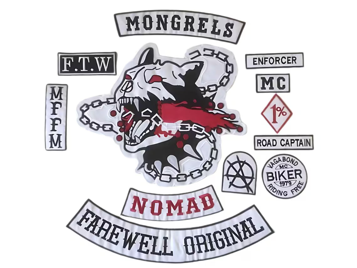Large Mongrels Biker Patch Set: Embroidered Dog Skull, Iron-On Vest Patche