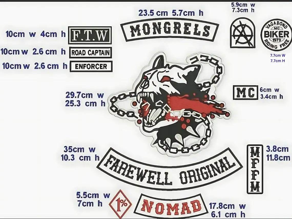 Large Mongrels Biker Patch Set: Embroidered Dog Skull, Iron-On Vest Patche
