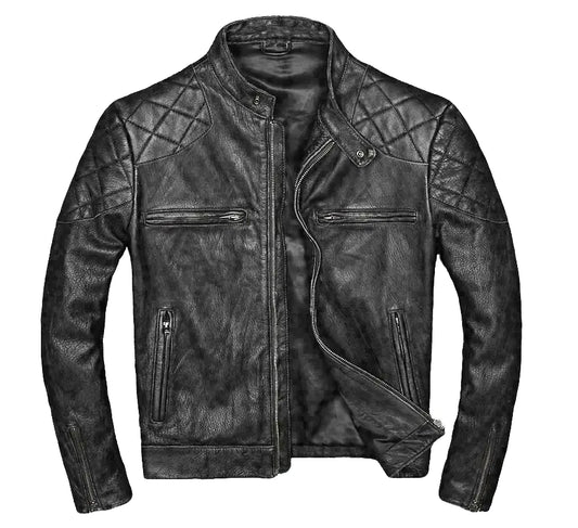 Men's Genuine Sheep Leather Jacket Motorcycle Black Cafe Racer Style Jacket Gift