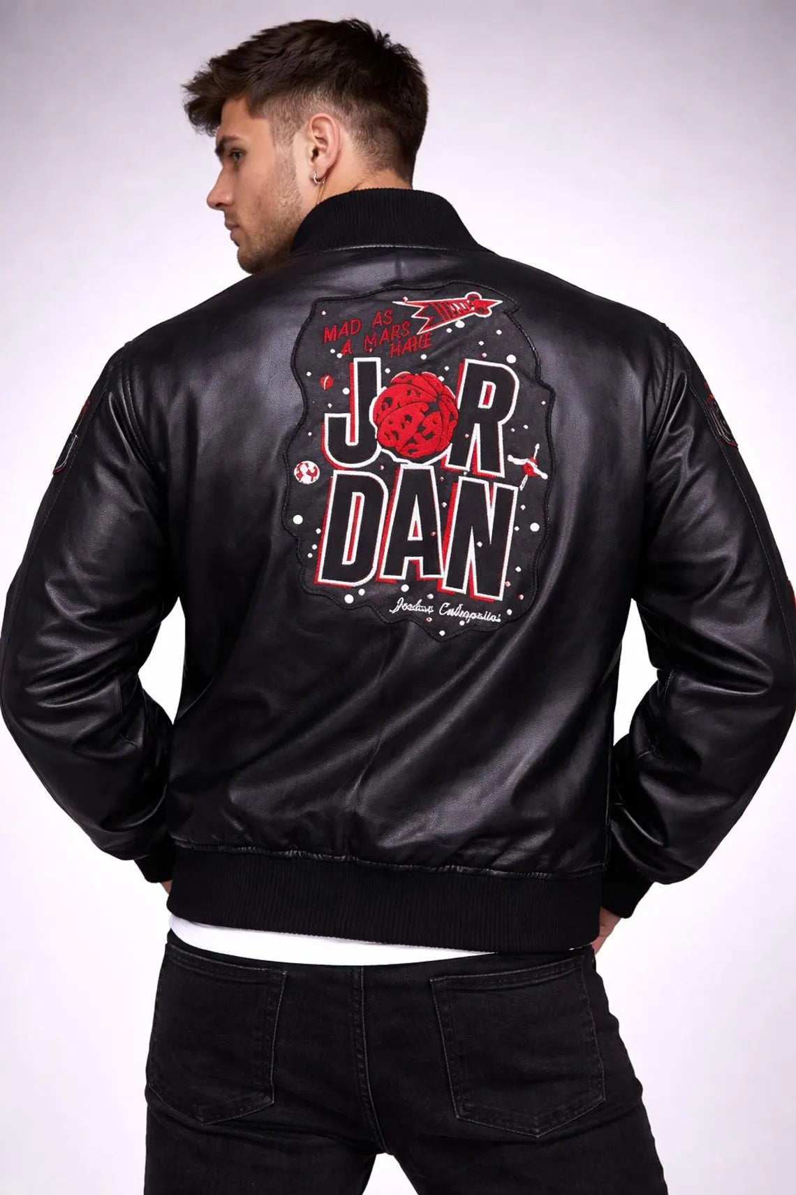 Men’s Martian Air Jordan Black Leather Bomber Jacket Gift for mens