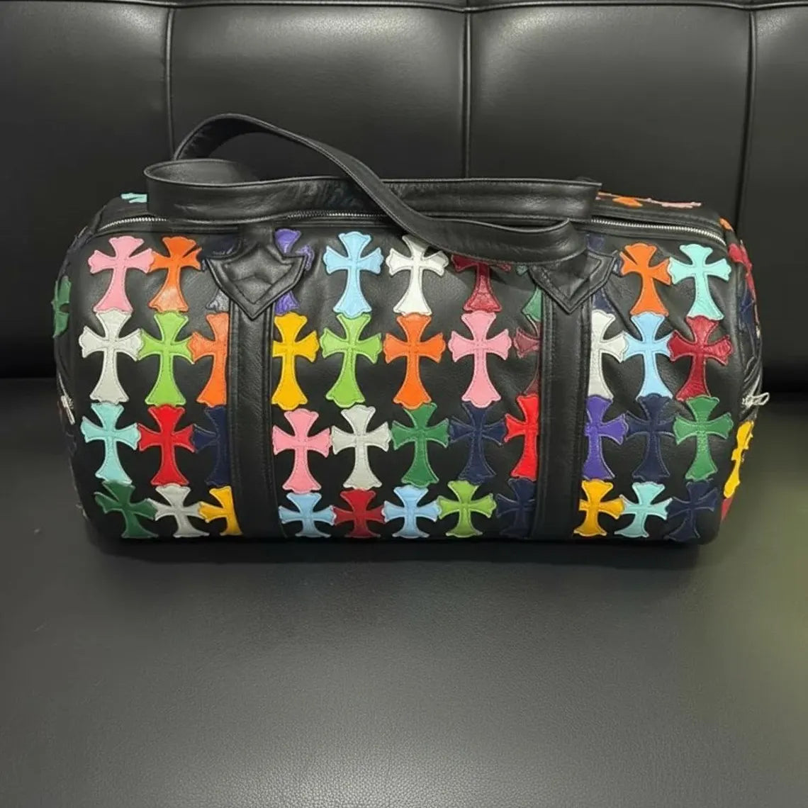 Black Leather Duffle Bag – Colorful Cross Pattern Travel Gym Bag