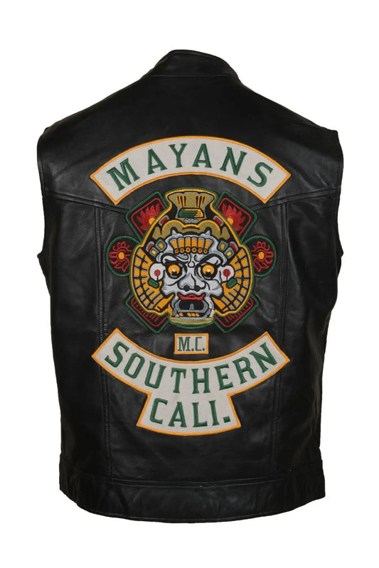 Mayans M.C Leather Vest – Southern Cali Biker Club Style Waistcoat with Back Patch Men’s Motorcycle Outlaw Gear Rider Club Apparel
