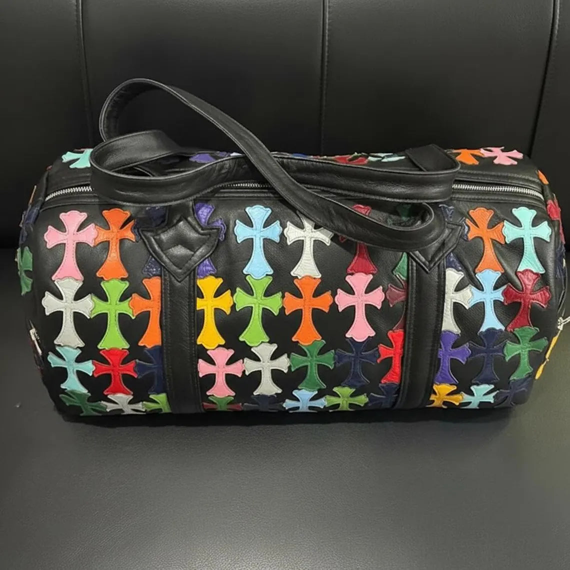Black Leather Duffle Bag – Colorful Cross Pattern Travel Gym Bag