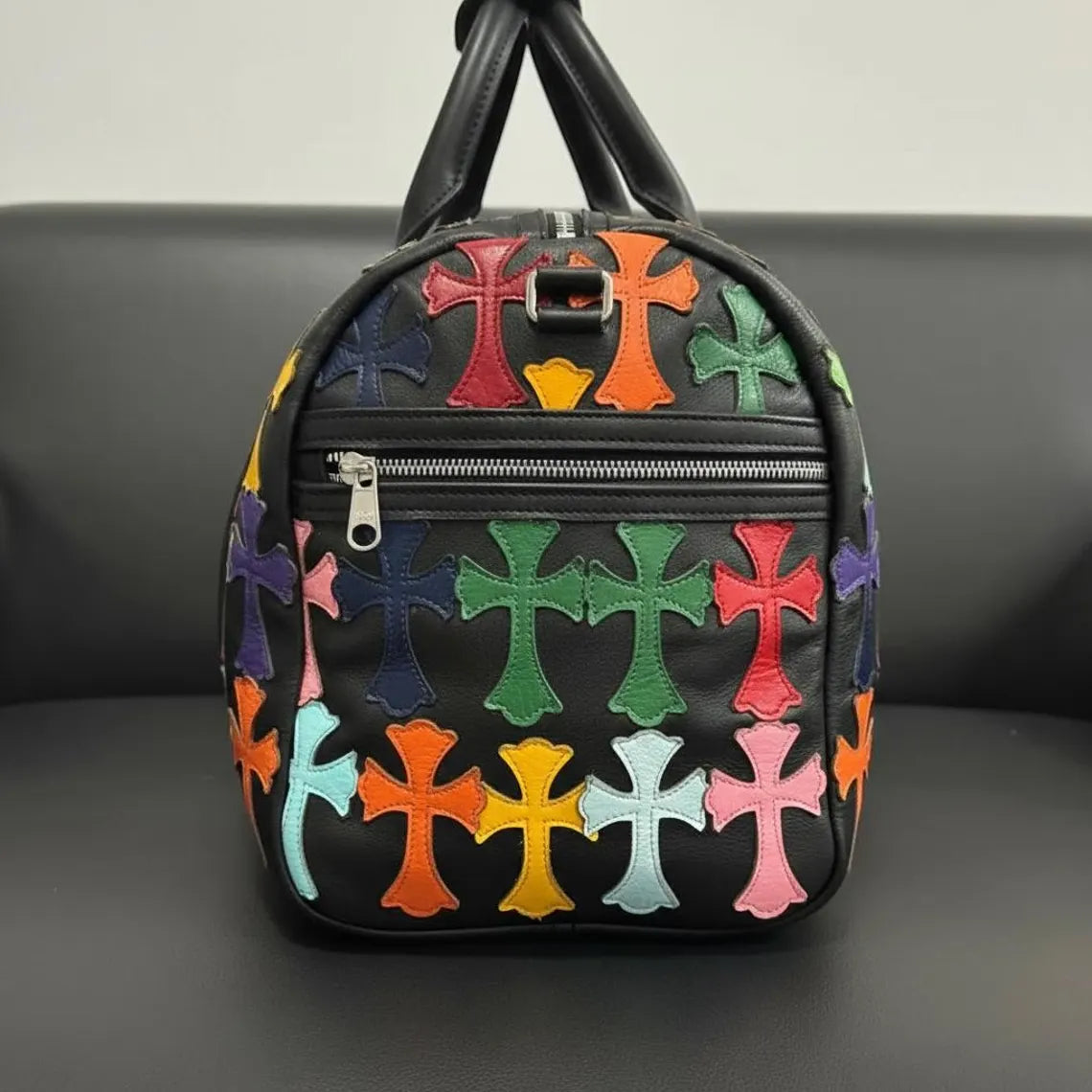 Black Leather Duffle Bag – Colorful Cross Pattern Travel Gym Bag