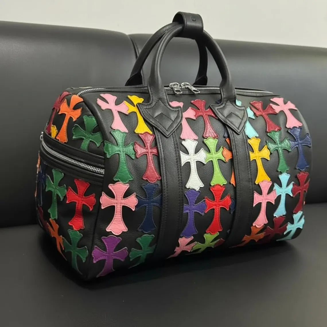 Black Leather Duffle Bag – Colorful Cross Pattern Travel Gym Bag