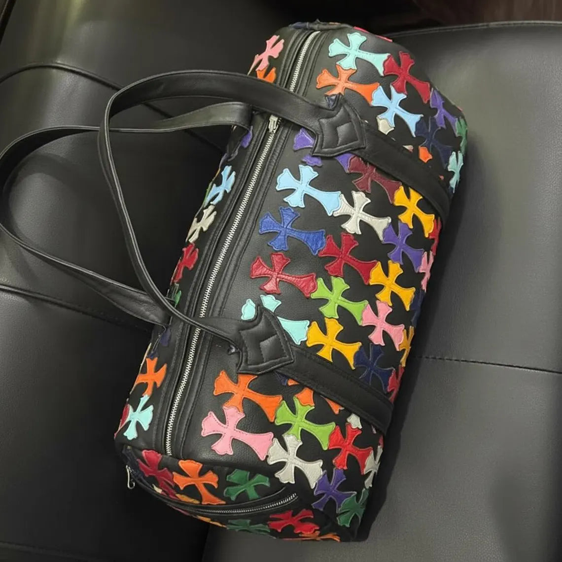 Black Leather Duffle Bag – Colorful Cross Pattern Travel Gym Bag