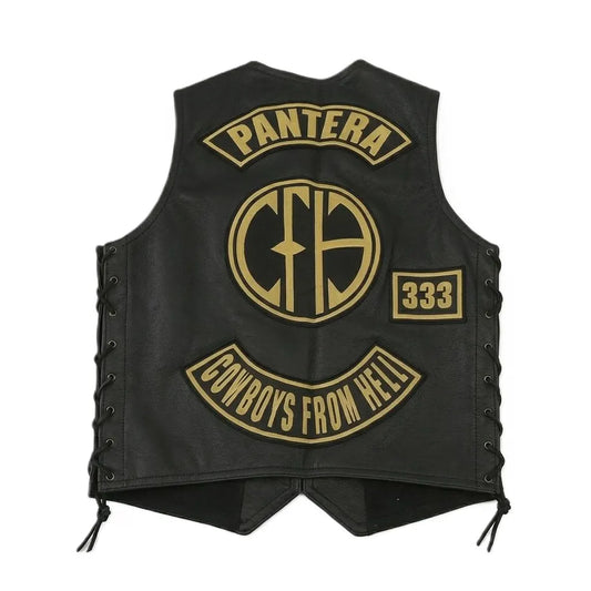 Pantera Cowboys From Hell Leather Biker Vest | Black Motorcycle Club Style Vest Rock Metal Patch Vest Zakk Wylde Inspired Custom Biker Vest