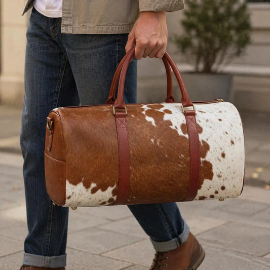 Handmade Brown and White Cowhide Duffle Bag | 100% Genuine Hair On Weekender Traveler Bags for Men Women Personalized