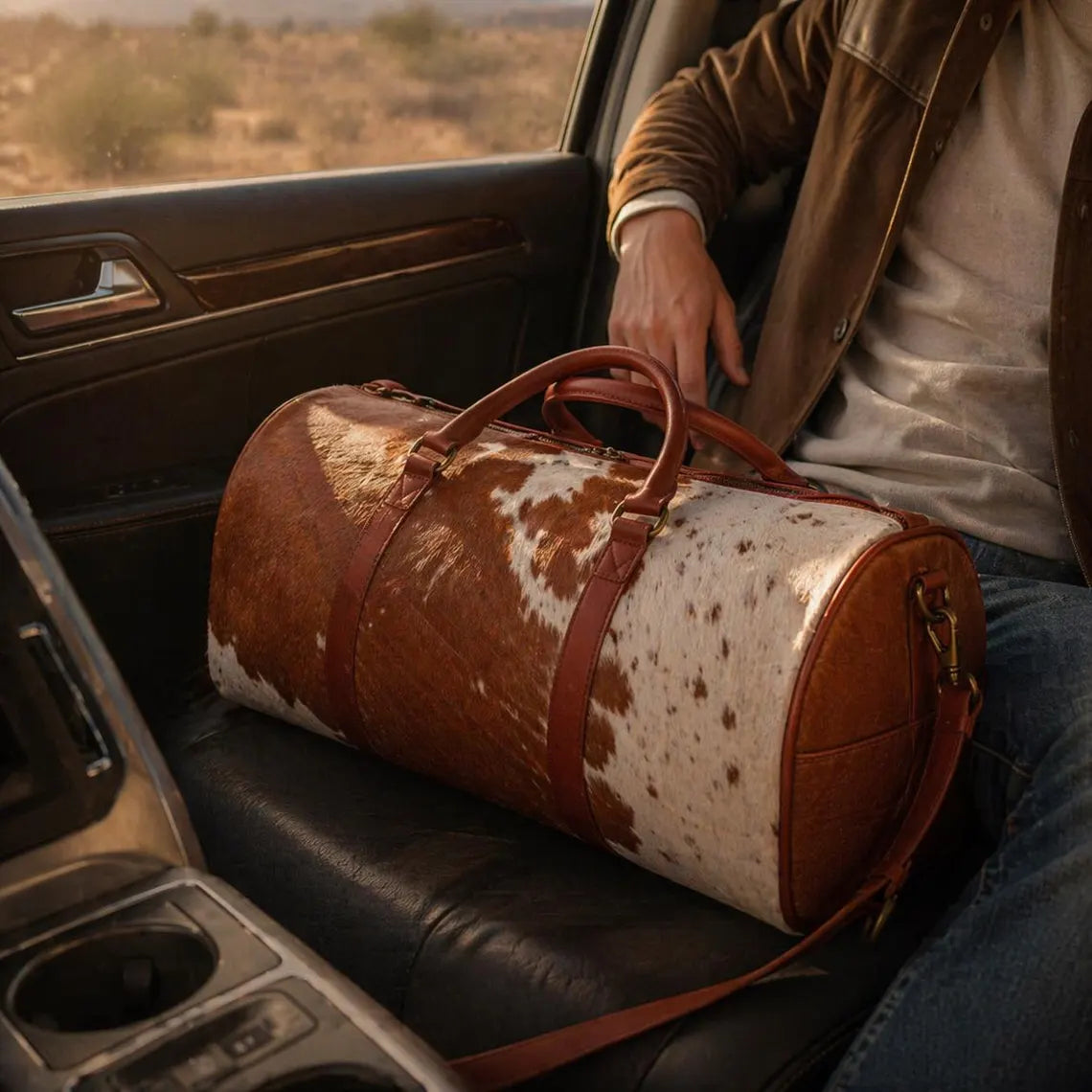 Handmade Brown and White Cowhide Duffle Bag | 100% Genuine Hair On Weekender Traveler Bags for Men Women Personalized