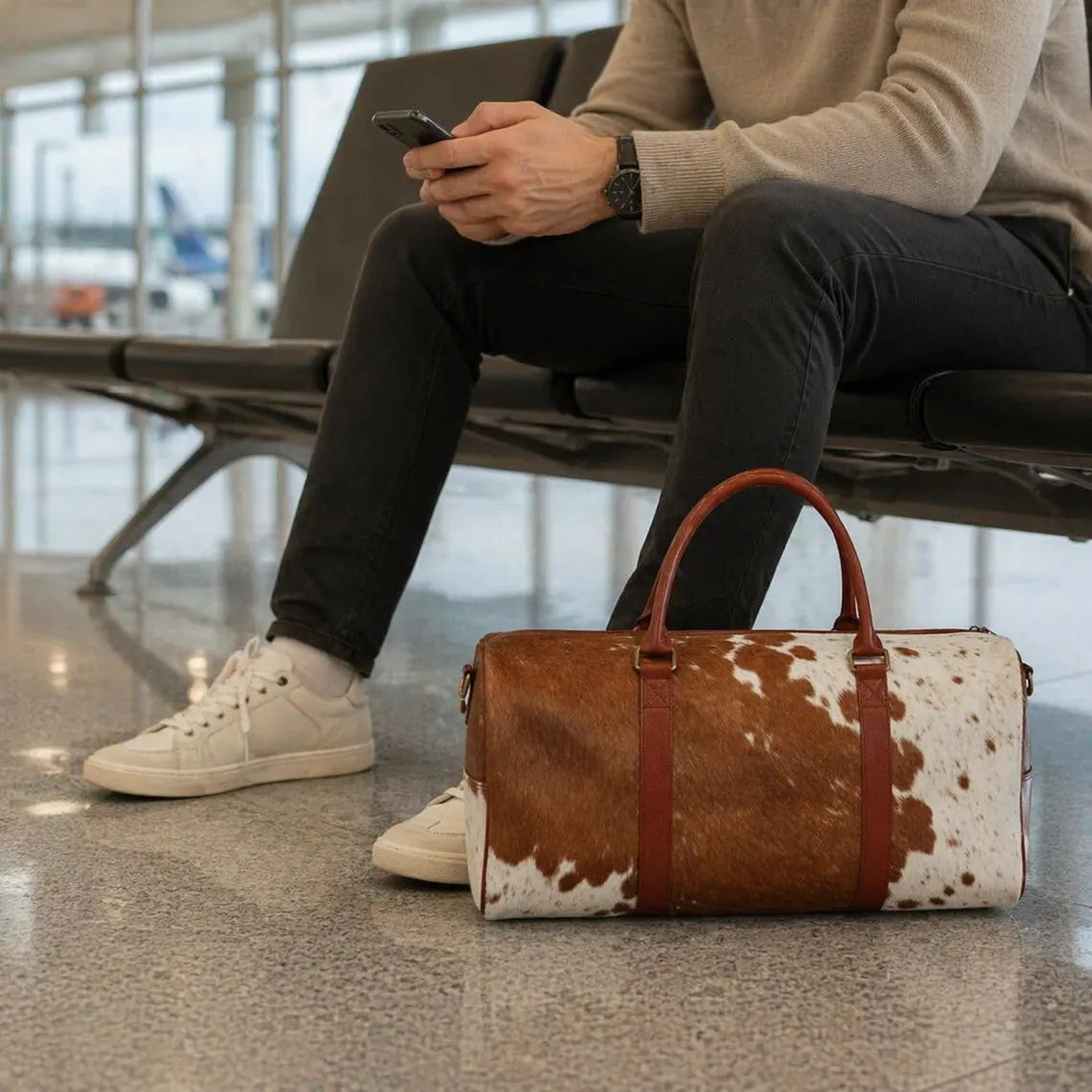 Handmade Brown and White Cowhide Duffle Bag | 100% Genuine Hair On Weekender Traveler Bags for Men Women Personalized