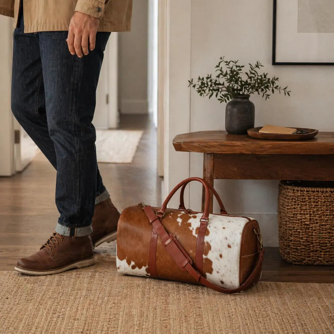 Handmade Brown and White Cowhide Duffle Bag | 100% Genuine Hair On Weekender Traveler Bags for Men Women Personalized