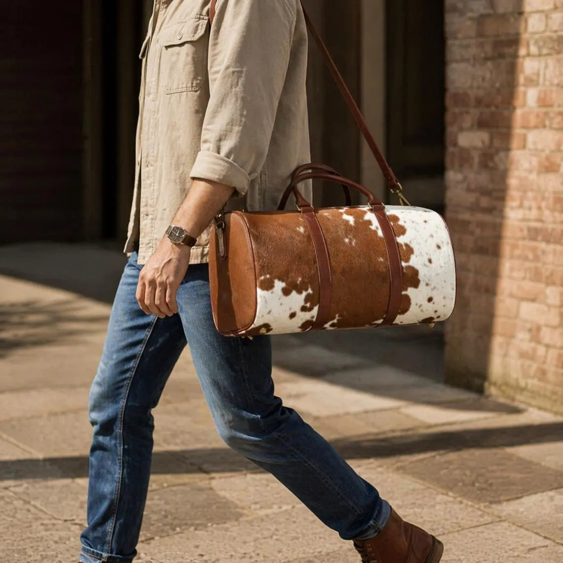 Handmade Brown and White Cowhide Duffle Bag | 100% Genuine Hair On Weekender Traveler Bags for Men Women Personalized