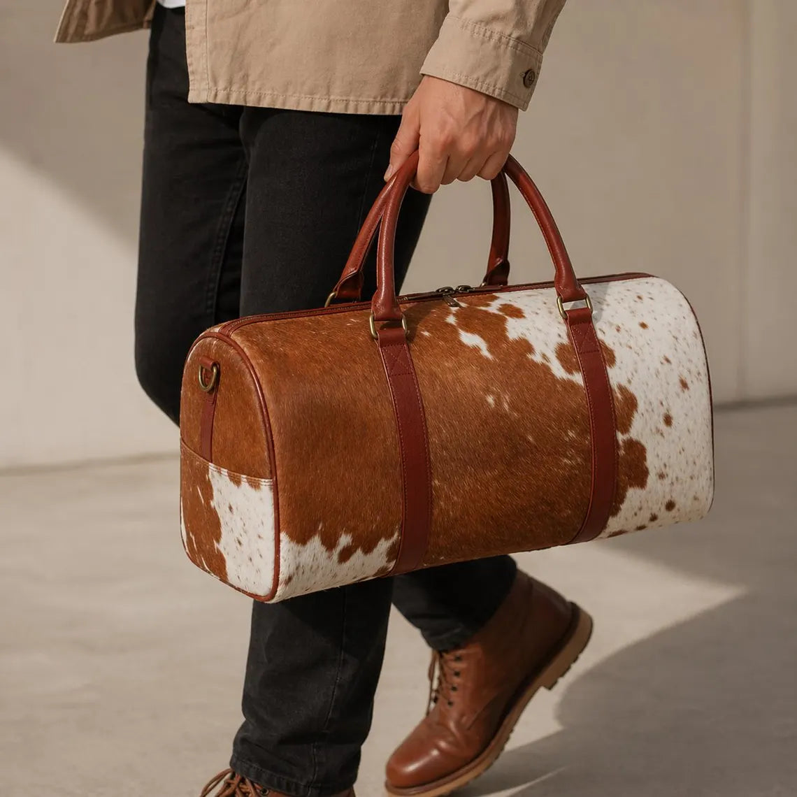Handmade Brown and White Cowhide Duffle Bag | 100% Genuine Hair On Weekender Traveler Bags for Men Women Personalized