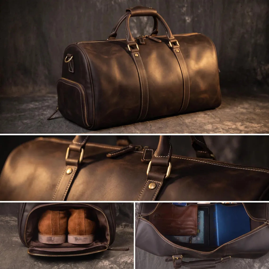 Leather Duffle Bag Men, Weekender Bag with Shoe Compartment, Genuine Leather Travel Bag, Overnight Bag, Carry On Luggage