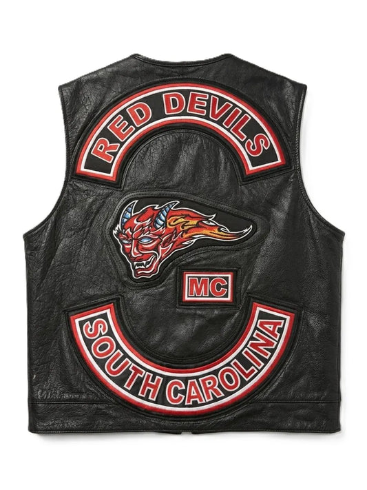 Genuine Leather Motorcycle Club Vest Black Biker Cut with Red Devils MC Patches Men's Leather Riding Club Style Vest Cowhide Biker Apparel