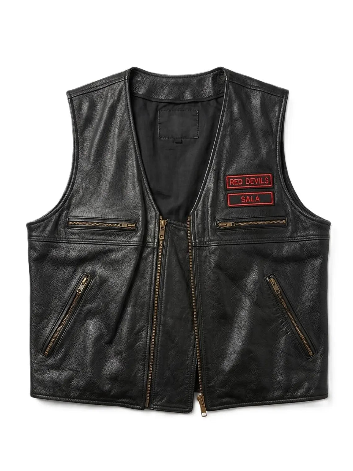 Genuine Leather Motorcycle Club Vest Black Biker Cut with Red Devils MC Patches Men's Leather Riding Club Style Vest Cowhide Biker Apparel