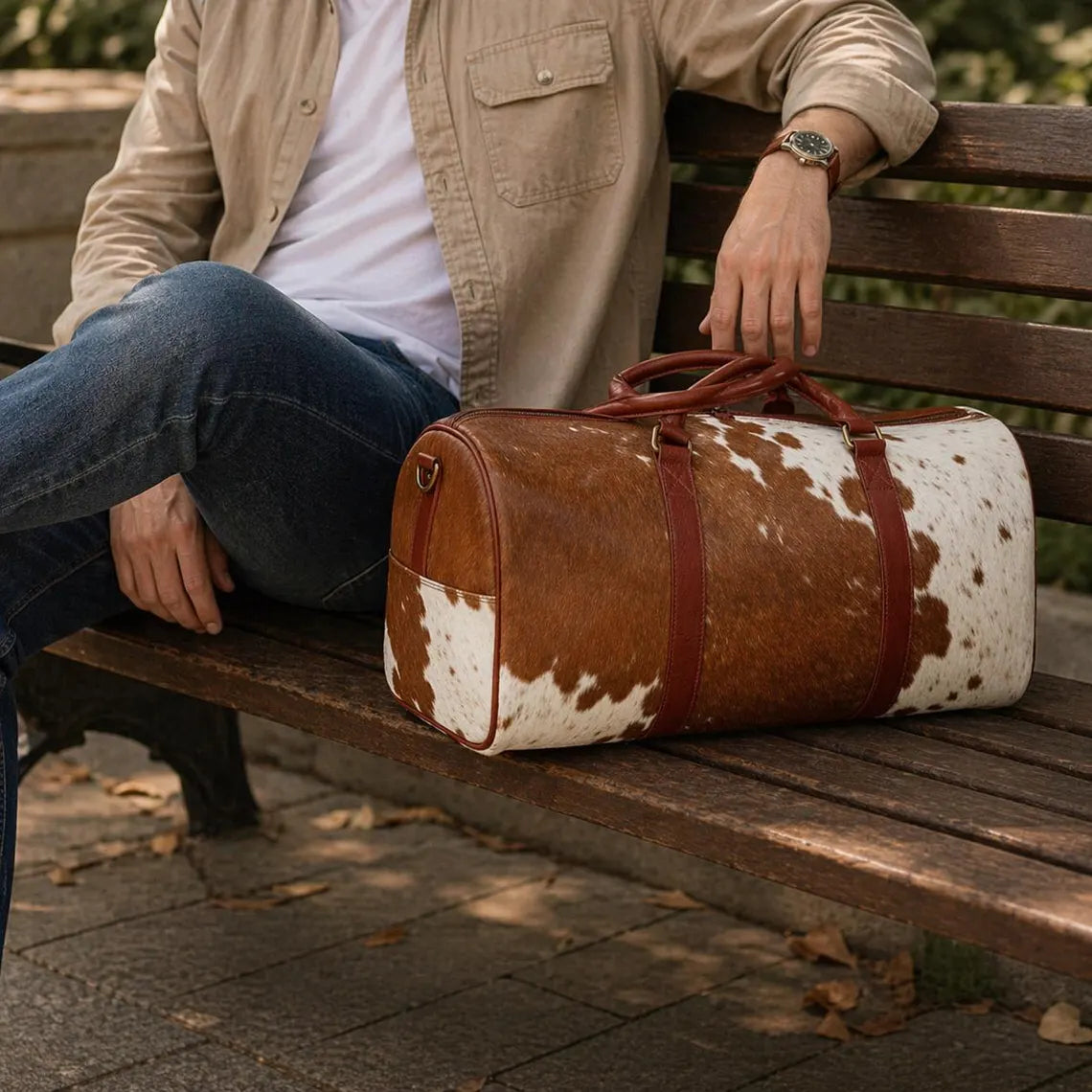 Handmade Brown and White Cowhide Duffle Bag | 100% Genuine Hair On Weekender Traveler Bags for Men Women Personalized