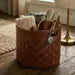 Woven Faux Leather Storage Basket / Round Decorative Blanket Bin with Handles