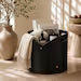 Modern Faux Leather Storage Basket with Handles & Slanted Design – Versatile Organizer for Throw Blankets, Magazines, and Living Room Decor