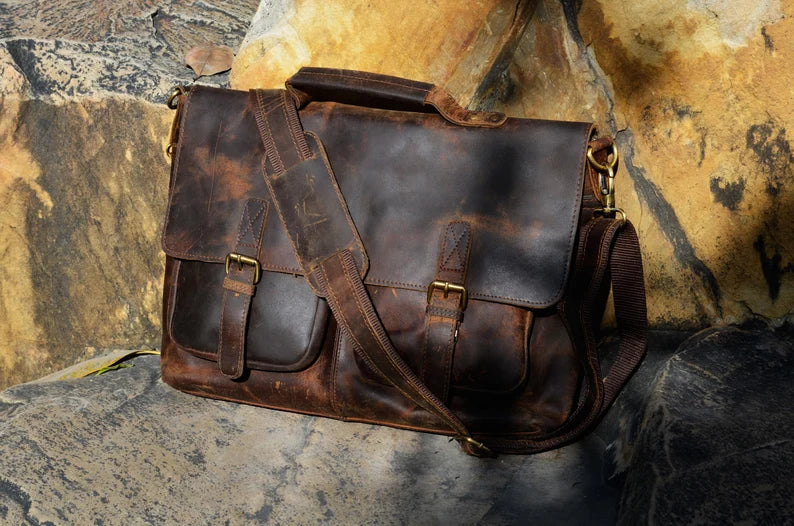 Handmade Buffalo Leather Messenger Crossbody Briefcase Office Laptop bag Rustic Vintage Handbag Work and Travel Unisex Bag Valentines Gift