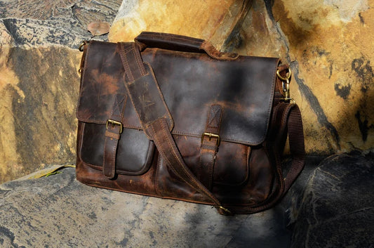 Handmade Buffalo Leather Messenger Crossbody Briefcase Office Laptop bag Rustic Vintage Handbag Work and Travel Unisex Bag Valentines Gift