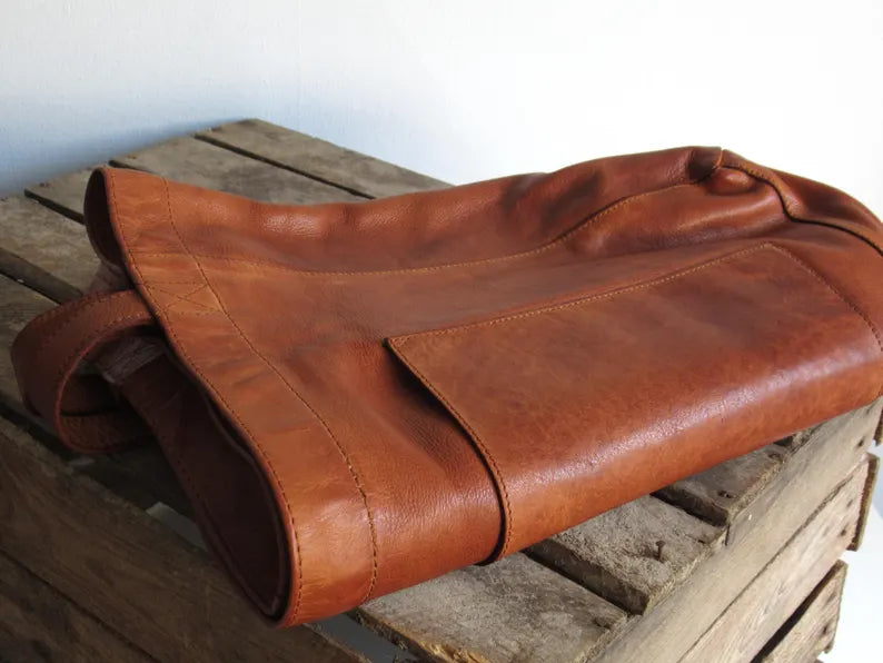 Cognac leather shopper, laptop tote bag, large market bag
