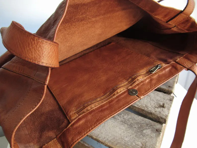 Cognac leather shopper, laptop tote bag, large market bag