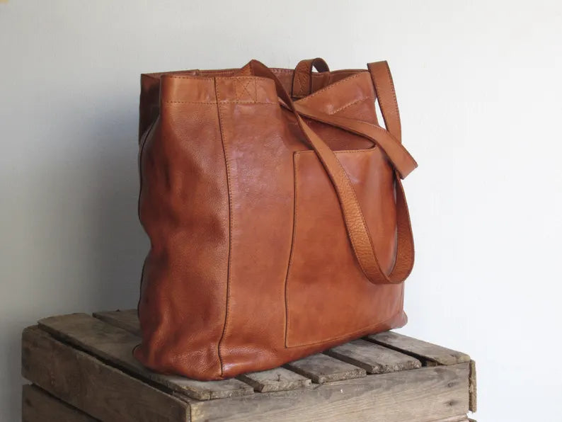 Cognac leather shopper, laptop tote bag, large market bag