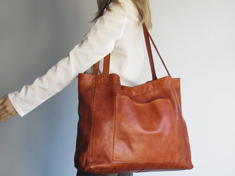 Cognac leather shopper, laptop tote bag, large market bag