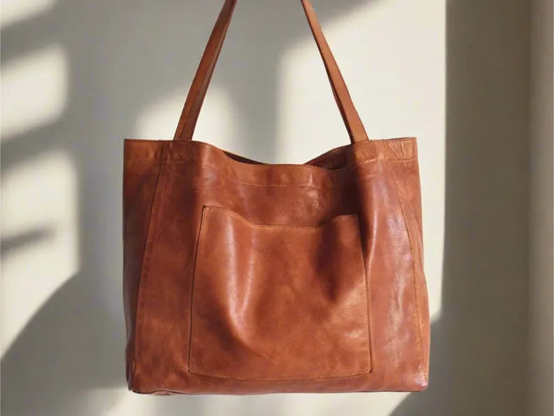 Cognac leather shopper, laptop tote bag, large market bag