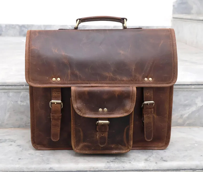 Handmade Buffalo Leather Messenger Crossbody Briefcase Office Laptop bag Rustic Vintage Handbag Work and Travel Unisex Bag Valentines Gift