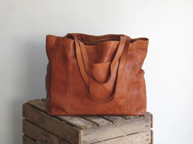 Cognac leather shopper, laptop tote bag, large market bag
