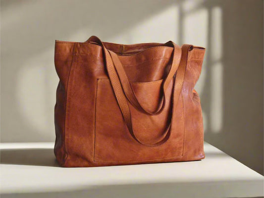 Cognac leather shopper, laptop tote bag, large market bag