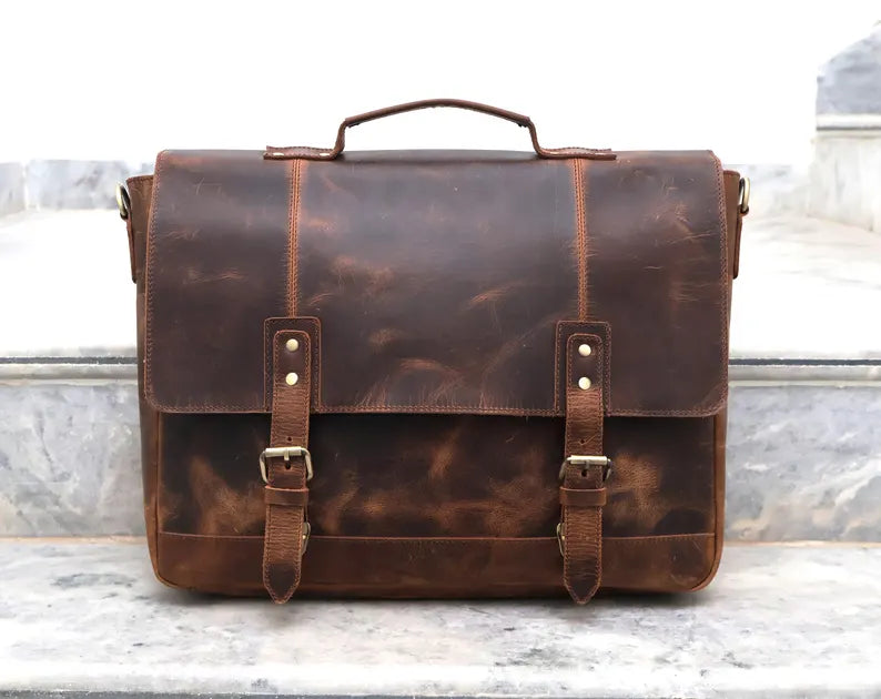 Handmade Buffalo Leather Messenger Crossbody Briefcase Office Laptop bag Rustic Vintage Handbag Work and Travel Unisex Bag Valentines Gift