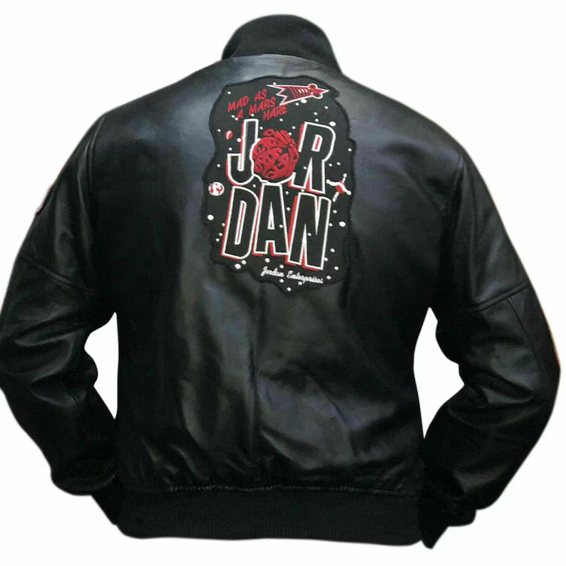 Men’s Martian Air Jordan Black Leather Bomber Jacket Gift for mens