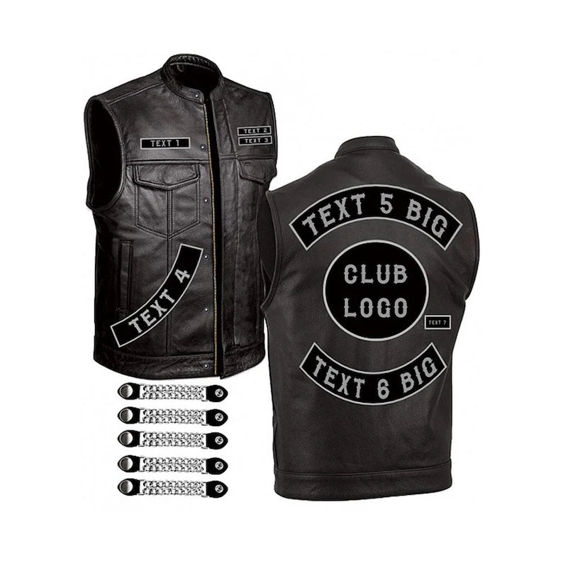 Customizable Black Leather Motorcycle Club Vest with Interchangeable Patches and Chain Extenders
