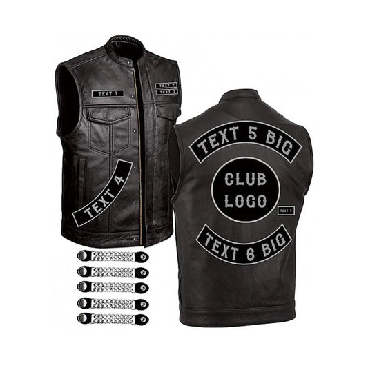 Customizable Black Leather Motorcycle Club Vest with Interchangeable Patches and Chain Extenders