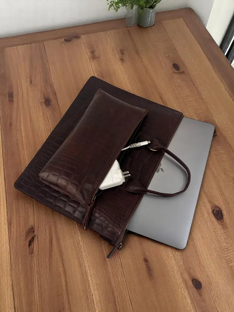 Personalized Leather briefcase laptop messenger bag leather satchel MacBook sleeve for 13 14 15 16 inches Mac Air pro M1 M2 M3 M4 office bag