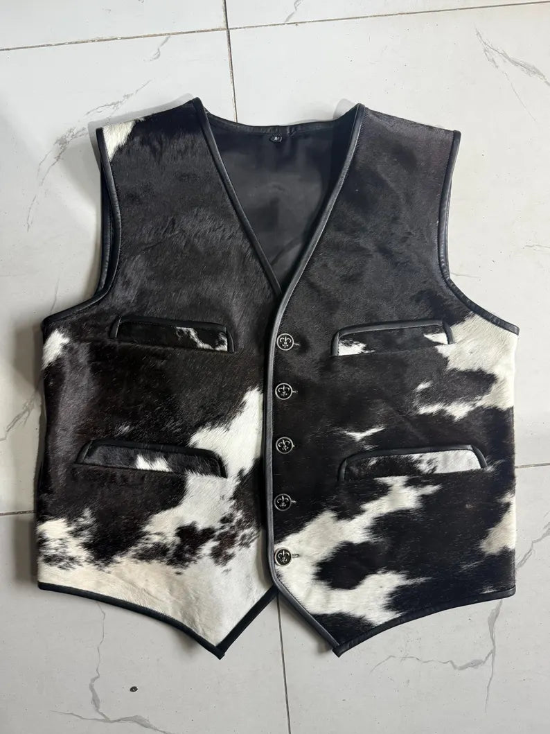 Men's Handcrafted Black and White Cowhide Hair-on Leather Vest