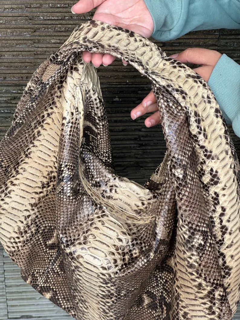 Beige Python Leather Big Hobo Bag: Luxury Snakeskin Shoulder BagHandmade luxury big soft hobo bag