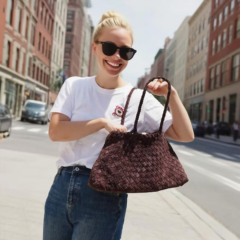 Mila Coffee suede hand-woven bag, Soft Leather bag ,leather tote bag Bohemian style,Gift for her，Gift for yourself BellaStilo 5 out of 5 stars