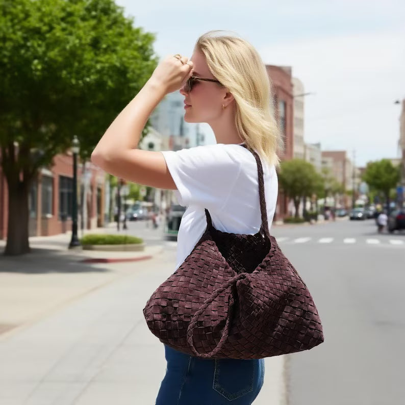 Mila Coffee suede hand-woven bag, Soft Leather bag ,leather tote bag Bohemian style,Gift for her，Gift for yourself BellaStilo 5 out of 5 stars