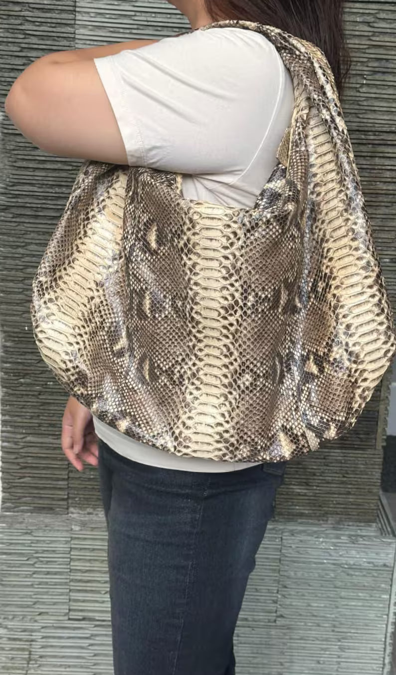 Beige Python Leather Big Hobo Bag: Luxury Snakeskin Shoulder BagHandmade luxury big soft hobo bag