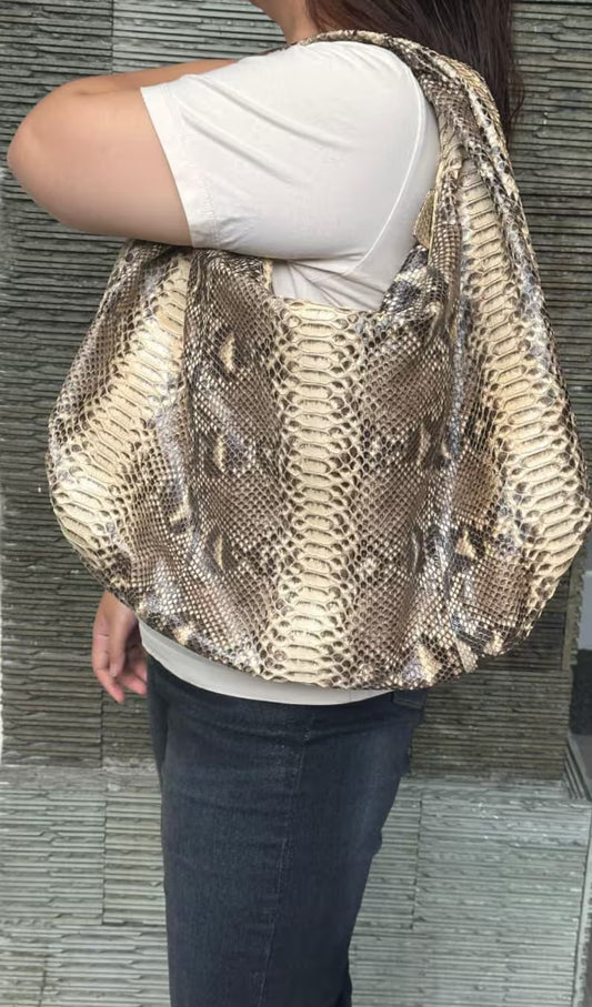 Beige Python Leather Big Hobo Bag: Luxury Snakeskin Shoulder BagHandmade luxury big soft hobo bag