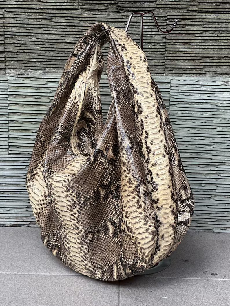 Beige Python Leather Big Hobo Bag: Luxury Snakeskin Shoulder BagHandmade luxury big soft hobo bag