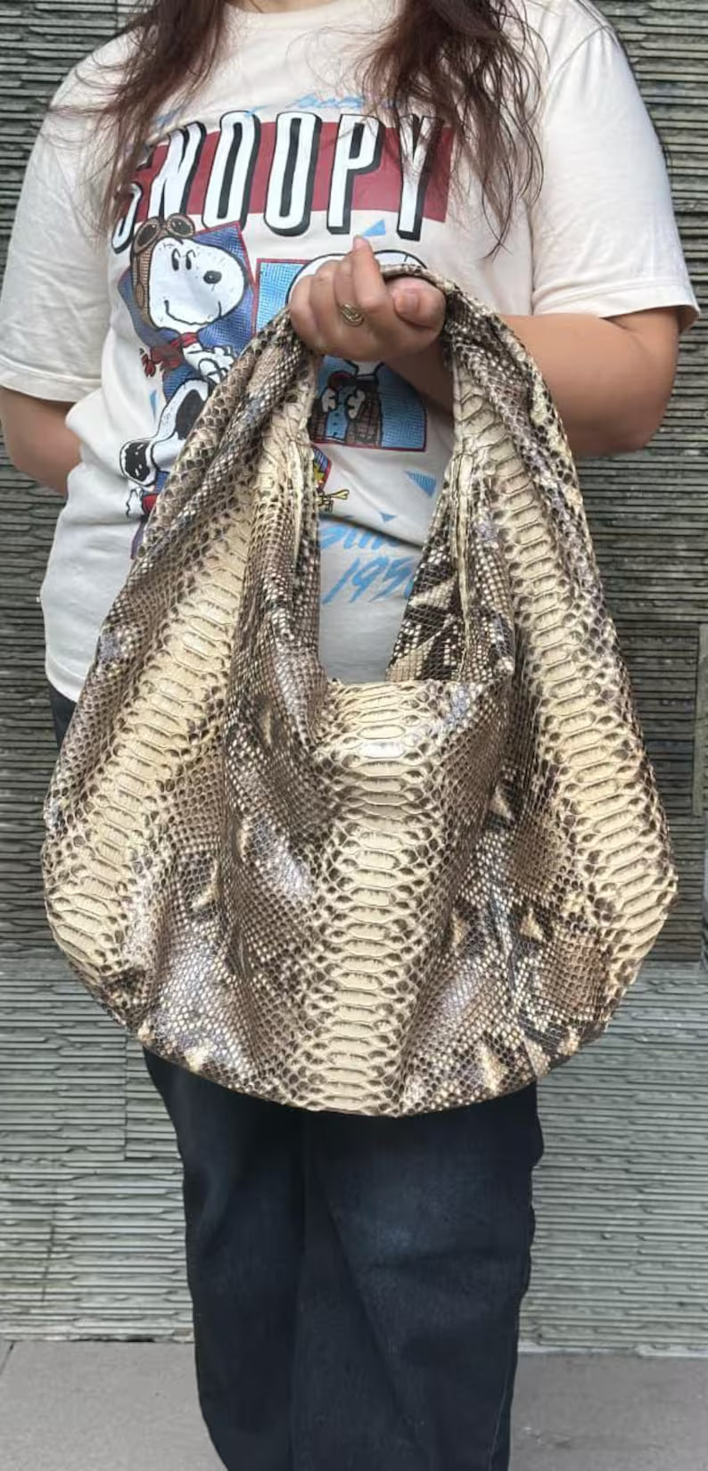 Beige Python Leather Big Hobo Bag: Luxury Snakeskin Shoulder BagHandmade luxury big soft hobo bag
