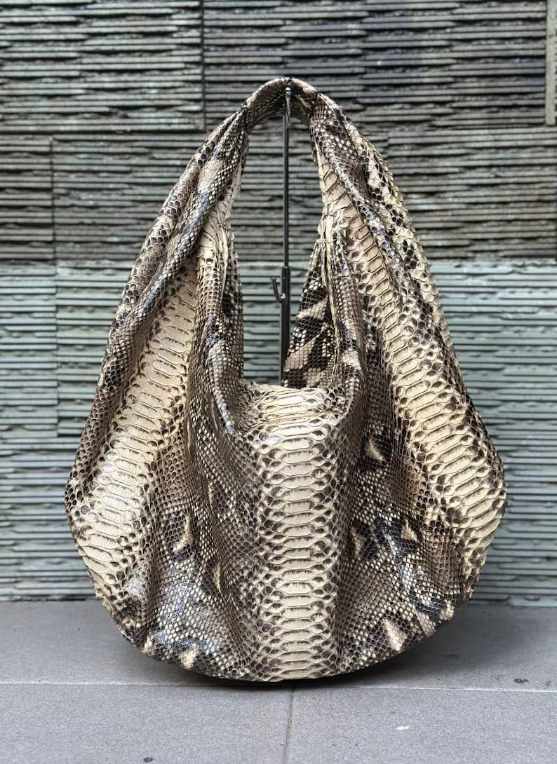 Beige Python Leather Big Hobo Bag: Luxury Snakeskin Shoulder BagHandmade luxury big soft hobo bag