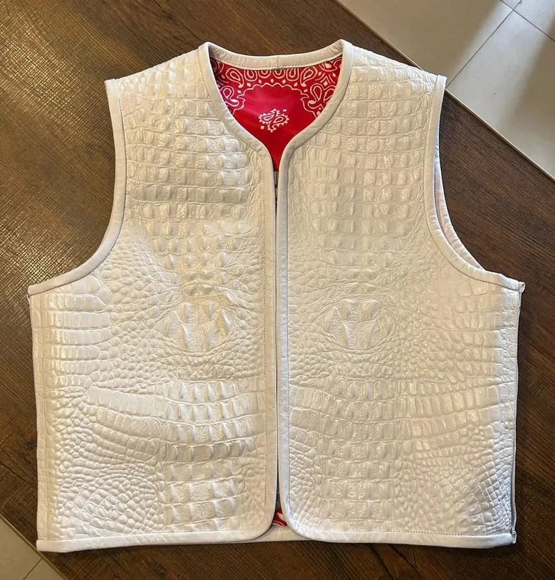 Men's Luxury White Alligator Leather Vest – Handcrafted Exotic Skin Waistcoat with Red Bandana Lining
