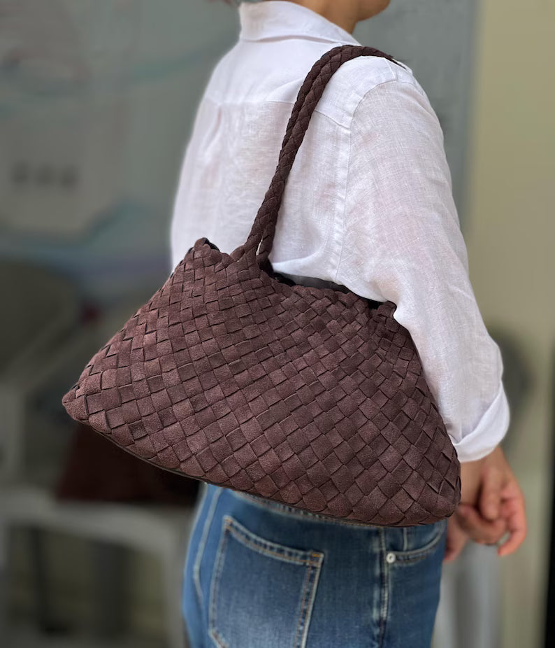 Mila Coffee suede hand-woven bag, Soft Leather bag ,leather tote bag Bohemian style,Gift for her，Gift for yourself BellaStilo 5 out of 5 stars